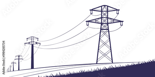 Silhouette of electrical power transmission towers and high voltage lines spanning across a rolling grassy landscape with electricity transmission infrastructure electric