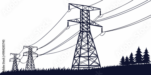 Silhouette illustration of electricity power pylons and coniferous pine trees on a grassy hill landscape with high voltage electricity transmission coniferous landscape