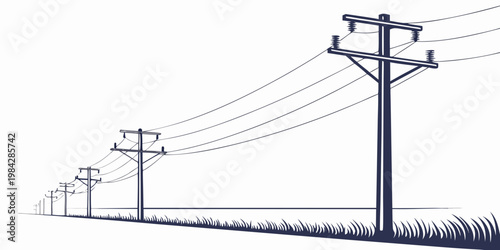 Minimalist graphic of high voltage electrical utility poles in a perspective view across a grassy field with electricity transmission infrastructure electric distribution
