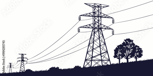Graphic silhouette of high voltage power lines and electrical transmission towers with trees on a rolling hill electricity transmission landscape infrastructure electric