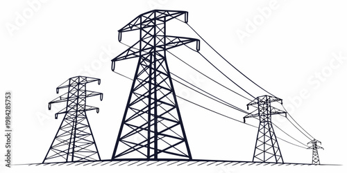Black graphic icon of multiple electrical transmission pylons and wires across a landscape with electricity transmission electric infrastructure industry industrial landscape