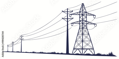 Vector illustration of power pylons stretching into the distance over a grassy terrain against a white background with high voltage electricity transmission infrastructure