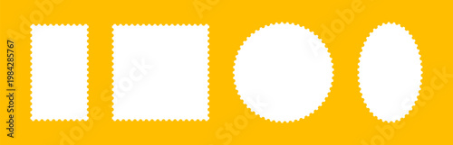 Backdrops for letters, postcards with empty borders. Coupons, label, tag, box with wavy perforated edges. Postage stamp frames template. Oval and rectangular blank vintage stamp.