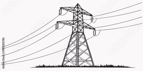 Simple silhouette drawing of a large power pylon against a white background with high voltage electricity transmission infrastructure silhouette electrical industrial