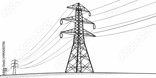 Silhouette of electric power transmission lines and towers on a rolling hill with high voltage electricity transmission infrastructure silhouette landscape electrical