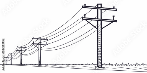 Perspective line of wooden electrical utility poles in a field with electricity transmission electrical infrastructure distribution landscape countryside industry distance