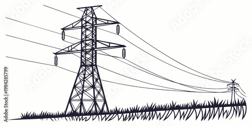 Silhouette illustration of electric transmission pylon on a grassy field with high voltage electricity transmission infrastructure silhouette landscape electrical industrial
