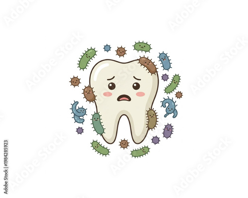 Sad Cartoon Tooth with Germs and Cavity Bacteria