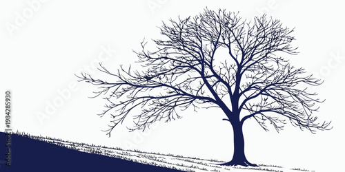 Minimalist silhouette graphic of a large leafless tree on a grassy hill with single tree landscape design minimal art outdoor scenery winter tree bare branches nature graphic