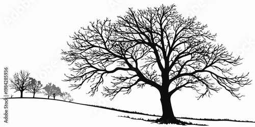 Artistic silhouette illustration of a large mature tree with small trees in background landscape art graphic design nature graphic field landscape black tree silhouette