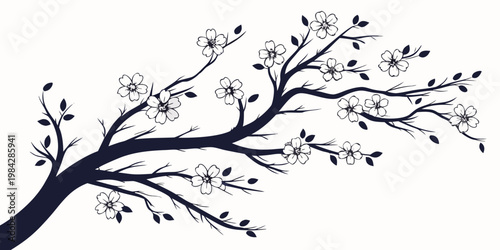 Flowering branch silhouette with delicate small flowers and leaves silhouette blooming botanical background illustration isolated springtime elements delicate ornamental