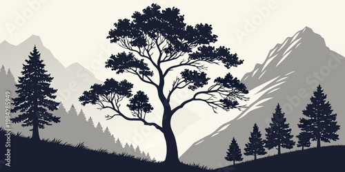 Mountain landscape illustration with coniferous trees and large leafy tree landscape mountains silhouette outdoors evergreen illustration wilderness adventure mountainous