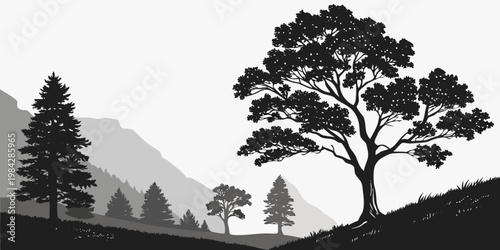 Mountain landscape with a large central tree in a meadow landscape mountains silhouette outdoors evergreen wilderness adventure mountainous peaceful background botanical