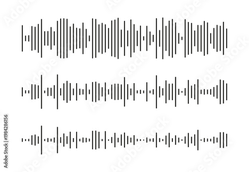 Mobile messenger, online radio podcast, music player interface or app elements. Audio chat speech sound wave icons set. Voice message templates. Equalizer collection. Waveform pattern. 