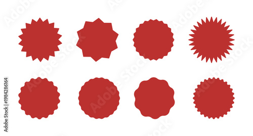 Red circle sticker collection. Star burst shape tags for shop, price. Wavy edge promo red badge. Vintage labels. Blank sale stickers set, simple silhouette.
