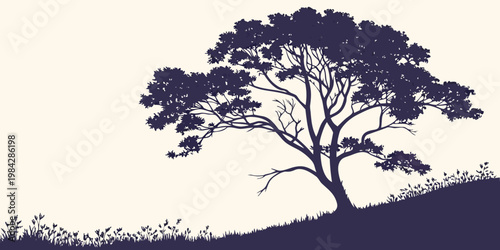 Silhouette of a large tree with dense foliage on a gentle slope with wildflowers silhouette outdoors botanical isolated minimalist wildflowers countryside environment