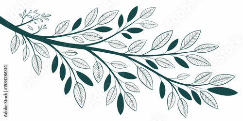 Stylized dark green branch with detailed leaves in a graphic art style line art botanical illustration symbolic decorative ornamental isolated background contrast