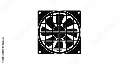 Black and white illustration of a square computer cooling fan with visible blades