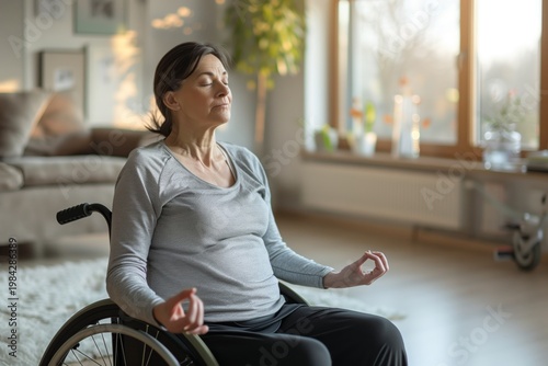 Woman in wheelchair practicing yoga at home, inclusive wellness and accessible fitness concept