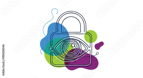 Conceptual illustration of digital security and privacy, featuring a watchful eye within a padlock symbol, set against abstract vibrant shapes