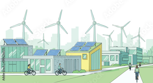 Eco-friendly city sustainable buildings with solar panels, wind turbines, and people cycling, depicting green urban future