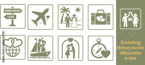  Wedding Honeymoon Silhouette Icons – Romantic Travel Set