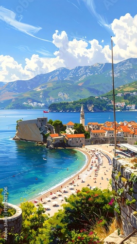 A scenic coastal town on a sunny day with mountains
