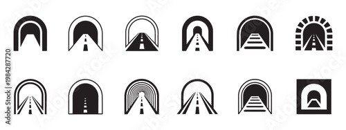 Road and Bridge Tunnel Symbol Set in Multi-Style Vectors, transport infrastructure icons collection, highway bridge tunnel signage design isolated