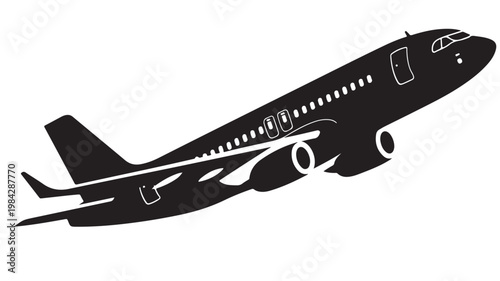 Airplane Silhouette Taking Off Black and White Aviation Travel Vector