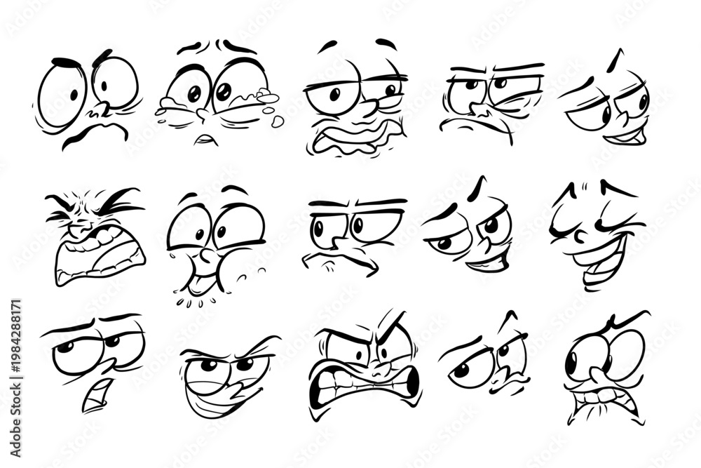 Fototapeta premium Hand Drawn Cartoon Facial Expressions Set Black and White Vector