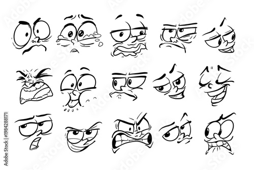 Hand Drawn Cartoon Facial Expressions Set Black and White Vector