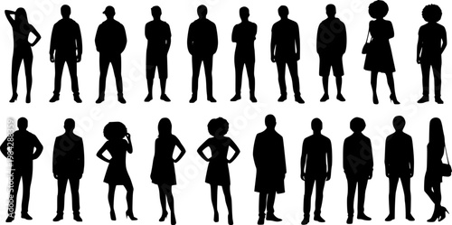Vector silhouettes man and women, illustration. Silhouettes of young people posing in casual clothes. Transparent background EPS version.
