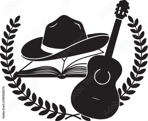 Emblematic illustration combining traditional Western spirit with the soulful harmony of music and the wisdom of literature, symbolizing cultural heritage and creative storytelling