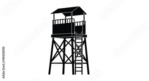A stark black silhouette of a wooden watchtower stands prominently against a plain white background evoking themes of security and observation silhouette high quality