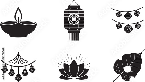 Vesak Day and Diwali Vector Icon Set: Buddhist Lantern, Oil Lamp, Lotus Flower, Bodhi Leaf, and Toran Decorations. Minimalist Black Silhouette Illustrations for Religious Festivals and Celebration..