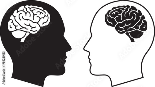 Brain icons human head silhouettes with cerebral cortex illustrations mental health concepts