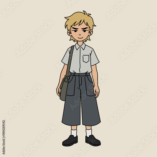 Cartoon character of a blond-haired male student in casual clothes and a shoulder bag