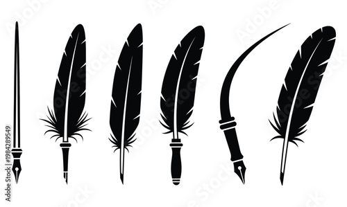 Elegant feather quill icons vintage writing tools for design illustration