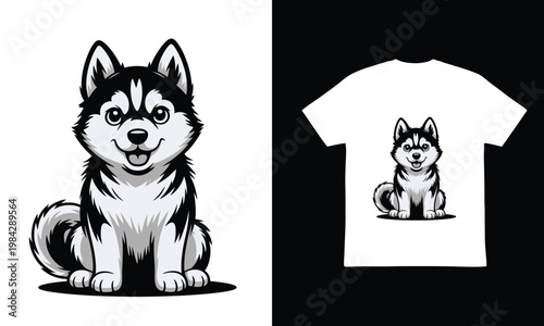 Adorable cartoon husky dog sitting, with a happy expression, ideal for t-shirt prints and pet-themed designs.