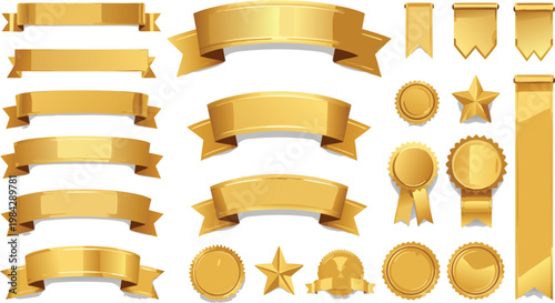 Set of shiny golden banners ribbons and medal badges for awards and celebratory announcements