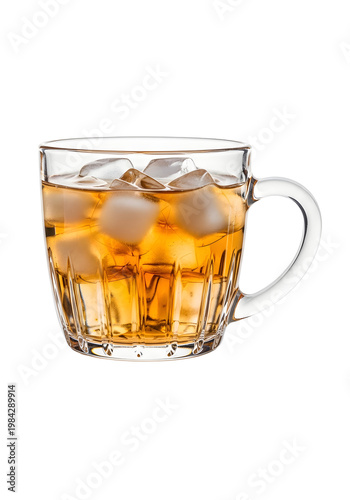 Whiskey on the rocks in glass mug isolated on transparent background
