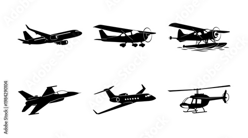 Aviation aircraft silhouettes set, 6 black airplane icons, commercial jet and private propeller planes, military fighter and helicopter vector graphics