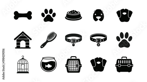 Pet shop icons set, 15 black silhouette animal care symbols, veterinary and grooming equipment vector elements for pet store branding