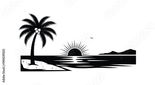 A striking black and white depiction showcases a tropical beach with a palm tree a setting sun and distant mountains all rendered as a silhouette