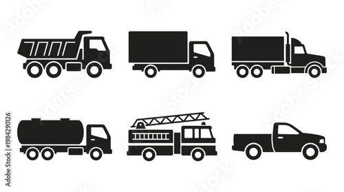 Industrial truck icons set, heavy vehicle silhouette collection, 6 black vector transport elements for logistics and construction design
