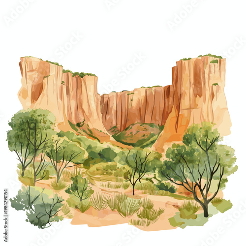 Bandiagara Escarpment. Bandiagara Escarpment hand drawn watercolor illustration on white background