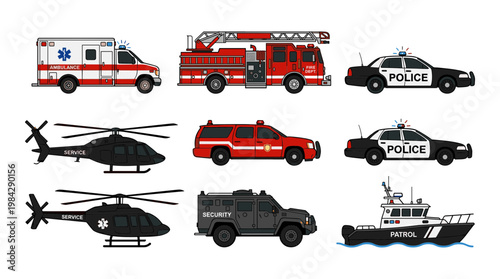 Emergency vehicle vector set, police car and fire truck illustrations, ambulance and rescue helicopter icons, 9 first responder transport elements