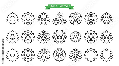 Simple line style gear icons, collection of 21 mechanical cogwheel vectors, industrial engine parts and machinery equipment symbols for engineering design