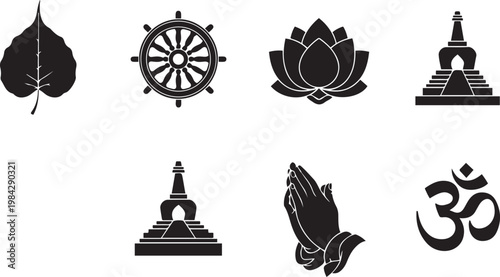 Buddhist and Hindu Religious Symbols Set: Bodhi Leaf, Dharma Wheel, Lotus Flower, Stupa Pagoda, Praying Hands, and Om Sign. Minimalist Black Vector Icon Collection for Spiritual and Yoga Design..