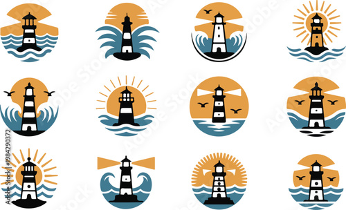 Minimalist lighthouse icon set of twelve designs in nautical scenes with ocean waves sunsets and seagulls in grid layout